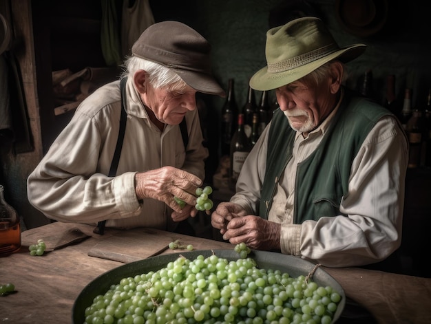 Twee mannen werken aan een tros druiven.