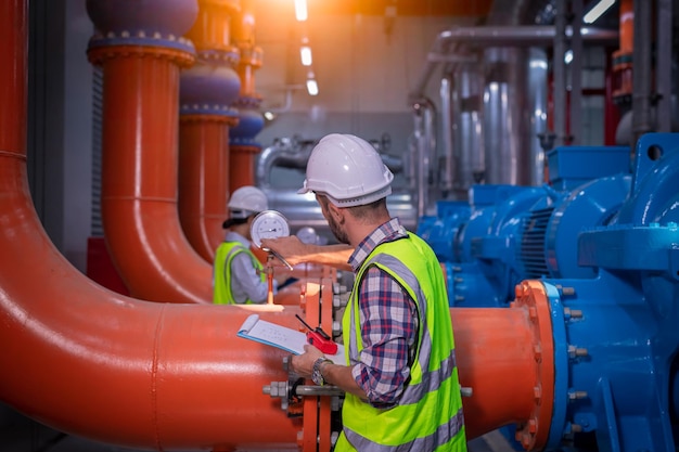 twee mannen werken in een fabriek met een grote pijp op de achtergrond