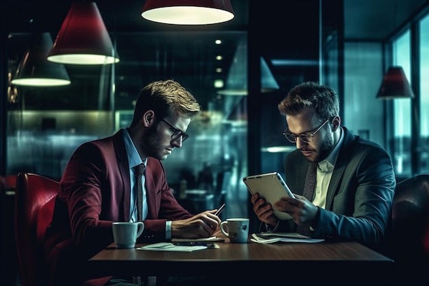 Twee mannen zitten aan een tafel in een restaurant, een van hen gebruikt een tablet.