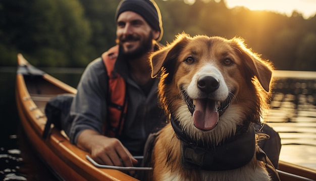 Twee mannen zitten buiten te glimlachen met hun hond gegenereerd door AI.