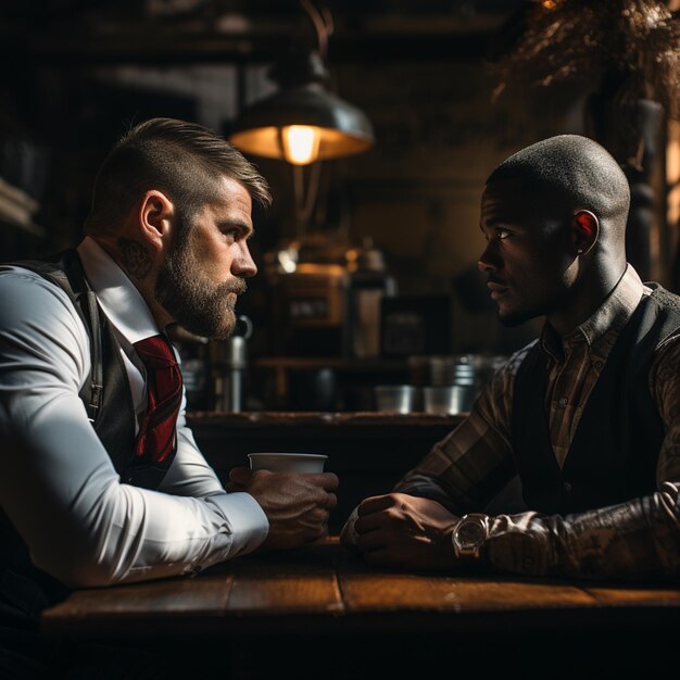 Twee mannen zitten in een bar, een van hen heeft een baard.