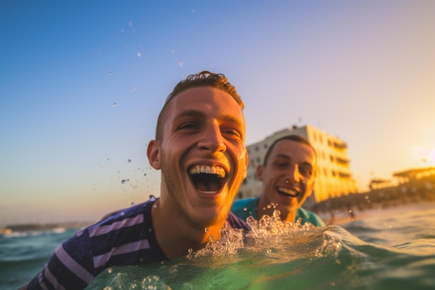 Twee mannen zwemmen in de oceaan met de zon achter hen ondergaan.