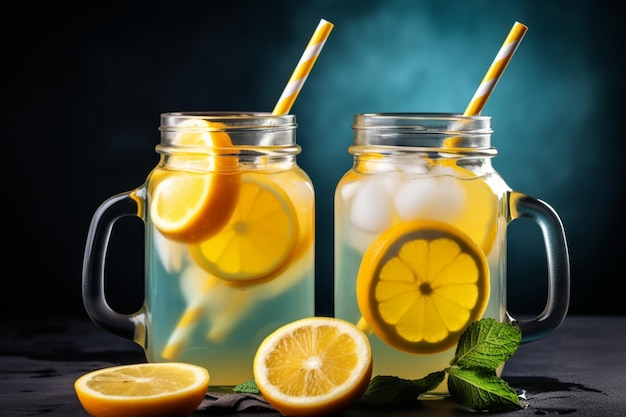 Twee mason jars limonade met schijfjes citroen en een blauwe achtergrond