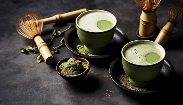 Twee Matcha Lattes met Matcha Poeder met Whisk