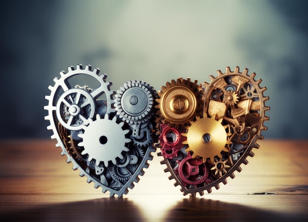 Twee mechanische harten met tandwielen symboliseren een paar en liefde engineering