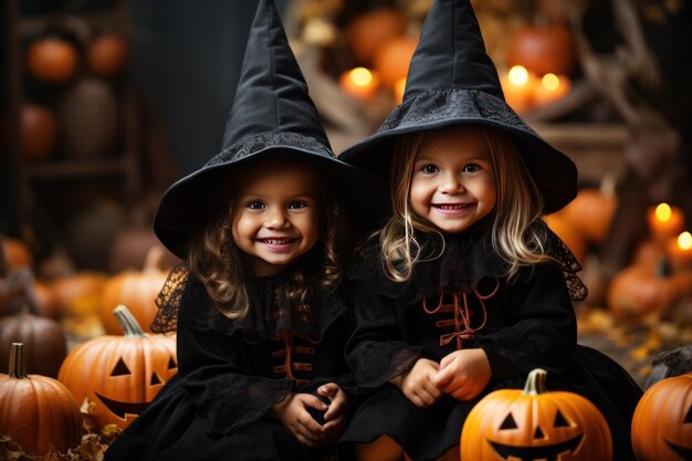 twee meisje zus met halloween concept genereren met Ai