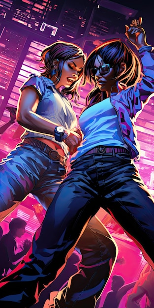 Twee meisjes dansen in de kleurrijke stripboekstijlillustraties van de nachtclub