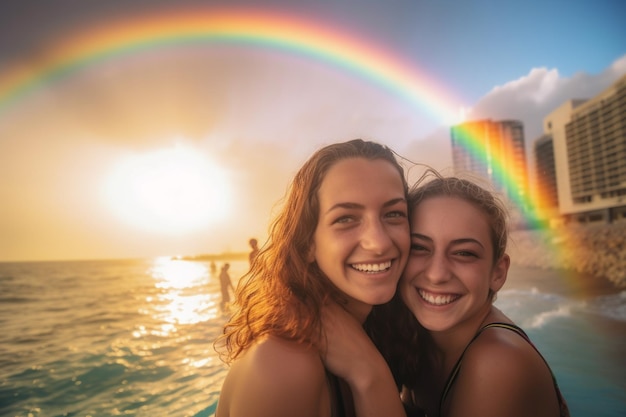 Twee meisjes die elkaar knuffelen voor een regenboog.