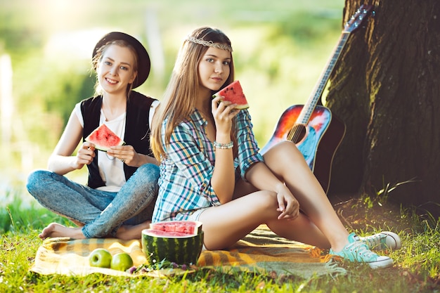 Twee meisjes die picknick in het park hebben