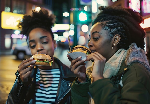 Foto twee meisjes eten een hamburger en één heeft een groene jas aan.