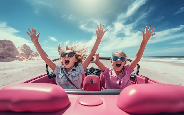 Twee meisjes in een auto met hun handen omhoog rijden in de zomer
