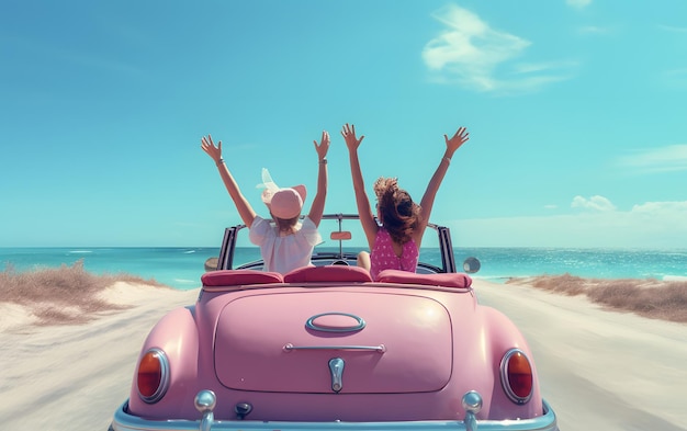 Twee meisjes in een auto met hun handen omhoog rijden in de zomer