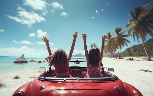 Twee meisjes in een auto met hun handen omhoog rijden in de zomer