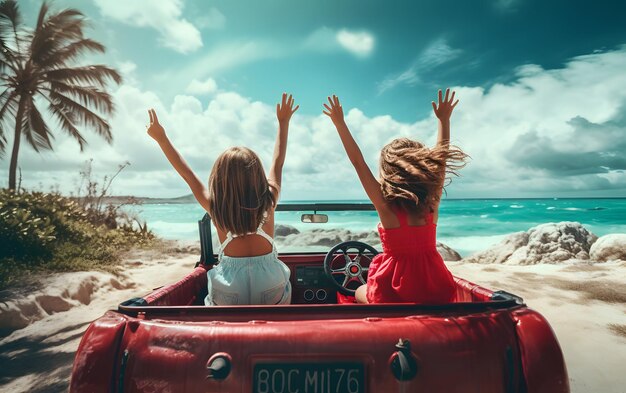 Twee meisjes in een auto met hun handen omhoog rijden in de zomer