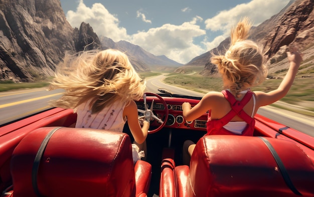 Twee meisjes in een auto met hun handen omhoog rijden in de zomer