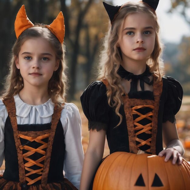 Twee meisjes in Halloween kostuums.