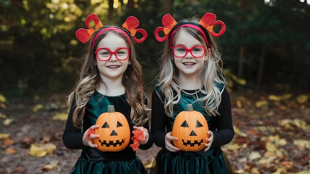 Twee meisjes in Halloween kostuums.