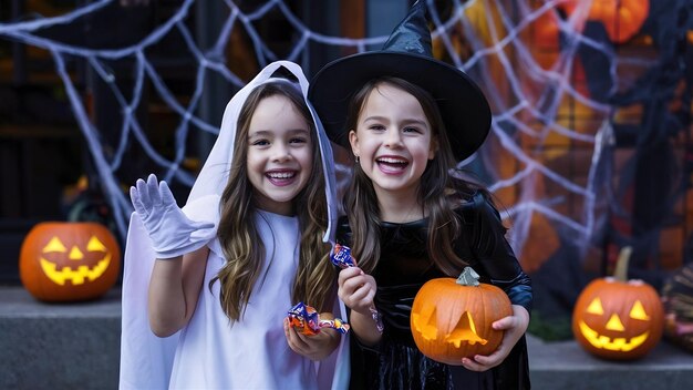 Twee meisjes in Halloween kostuums.