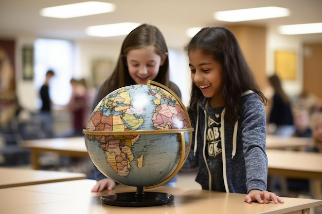 Foto twee meisjes kijken naar een wereldbol met de woorden 'de wereld' erop.