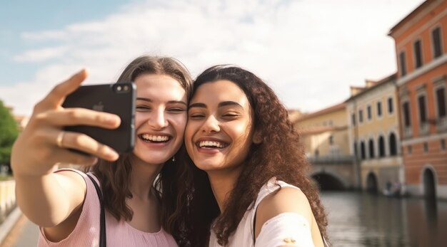 Twee meisjes maken een zelfportret met een brug op de achtergrond