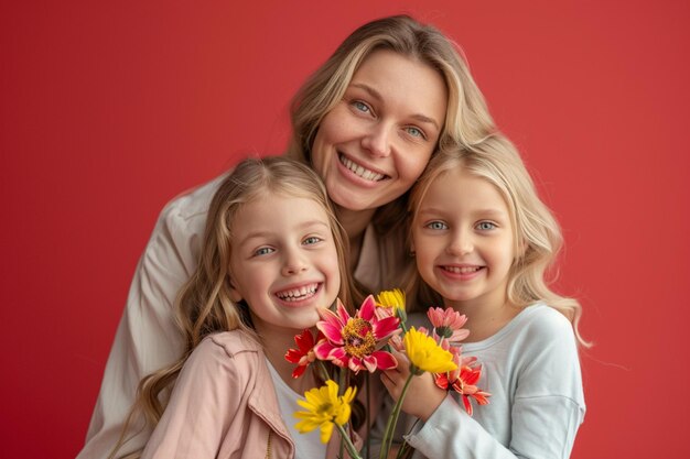 twee meisjes met bloemen voor een rode achtergrond