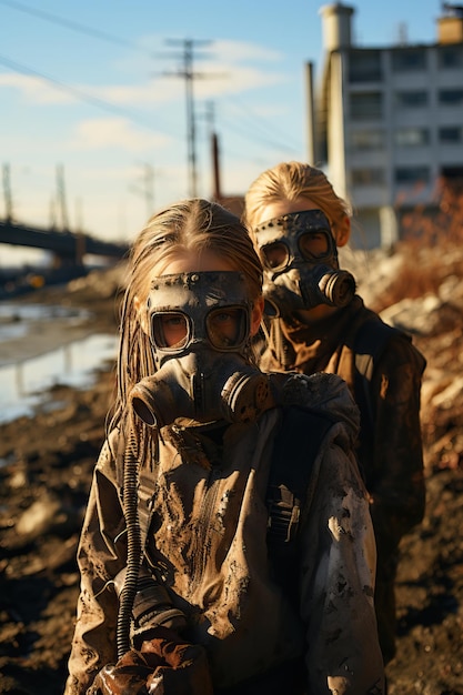 Foto twee meisjes met gasmaskers.