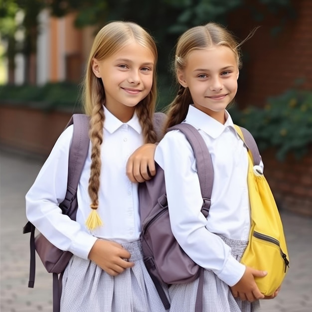 Twee meisjes met rugzakken op straat