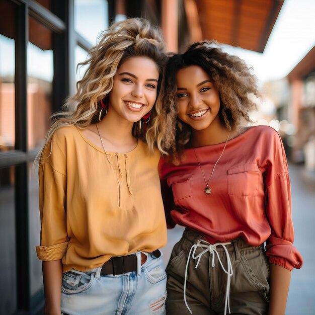 Twee meisjes poseren voor een foto met een rode top en de andere heeft een witte draad om de nek gebonden.