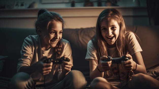 Twee meisjes spelen een videogame met een controller