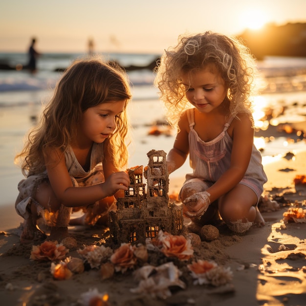 Foto twee meisjes spelen met zandkasteel op het strand bij zonsondergang.