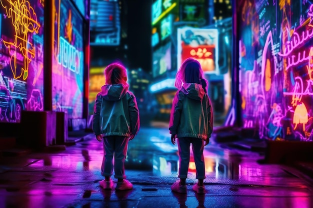 Twee meisjes staan in de stad met neonverlichting Mooie illustratie foto Generatieve AI