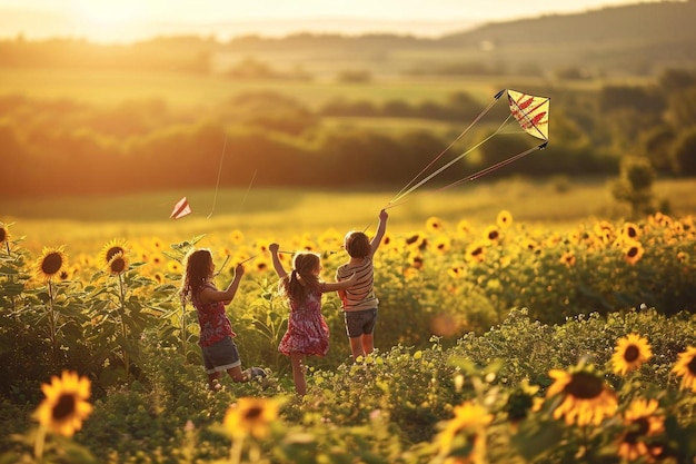 twee meisjes vliegen een vlieger in een veld van zonnebloemen