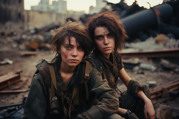 Twee meisjes werden getroffen door de oorlog. Arme meisjes op de achtergrond van militaire ruïnes die AI heeft gegenereerd