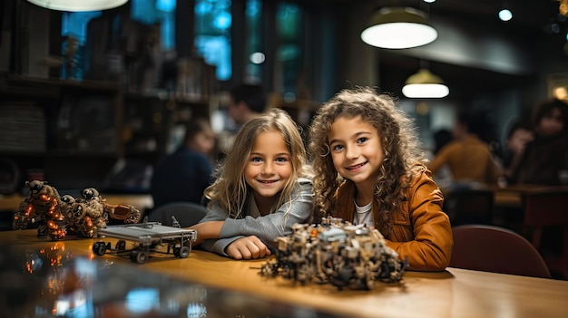 Twee meisjeskinderen in een roboticaklas in het klaslokaal Elearning