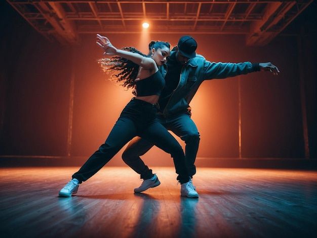 Foto twee mensen dansen op een podium met lichten achter hen.