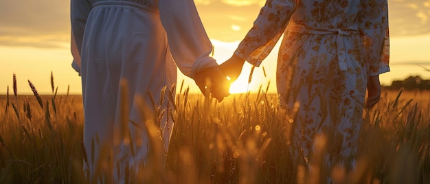 Twee mensen die hand in hand in het veld bij zonsondergang