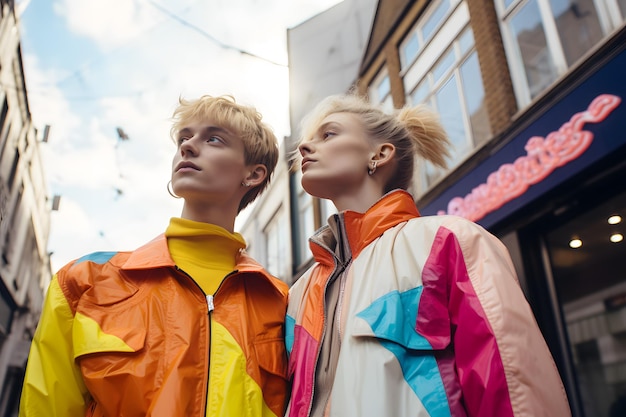 twee mensen die kleurrijke kleding dragen straat mode