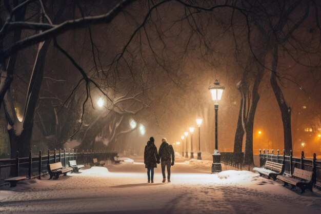 Twee mensen die 's nachts in de sneeuw lopen Generatief AI-beeld