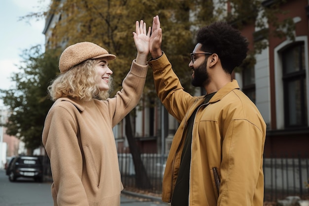 Twee mensen geven elkaar een high five terwijl ze buiten staan