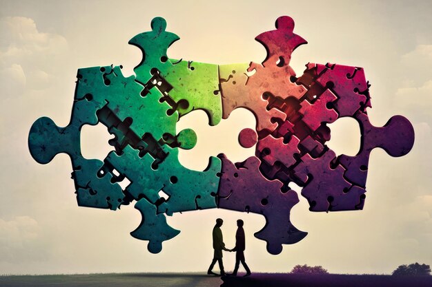 Foto twee mensen houden puzzelstukken bij elkaar generatieve ai