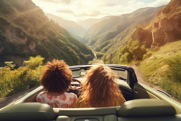 twee mensen in een auto met bergen op de achtergrond
