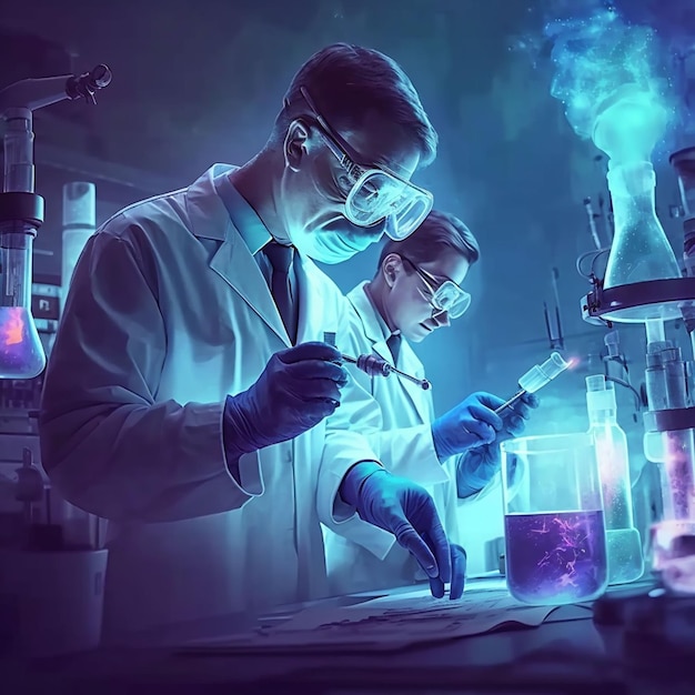 Twee mensen in laboratoriumjassen en veiligheidsbrillen werken in een laboratorium met een blauwe achtergrond.