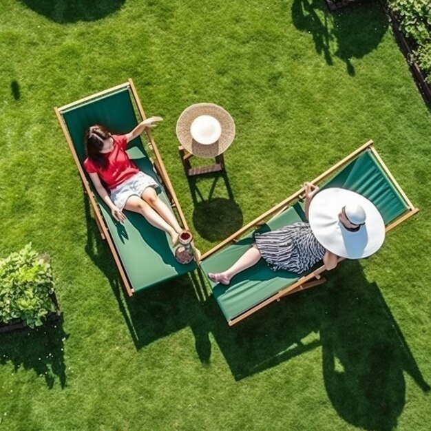 twee mensen liggen op tuinstoelen met hoeden op