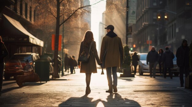 Twee mensen lopen op een straat in de stad.