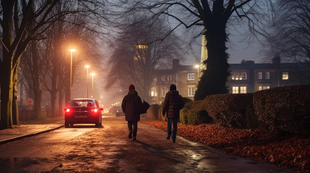 Twee mensen lopen's nachts door een straat met bomen.