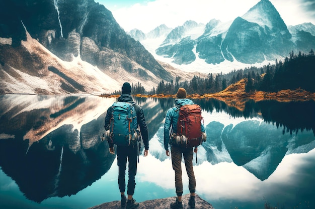 Twee mensen met een wandelrugzak reizen door bergen en stoppen bij een bergmeer