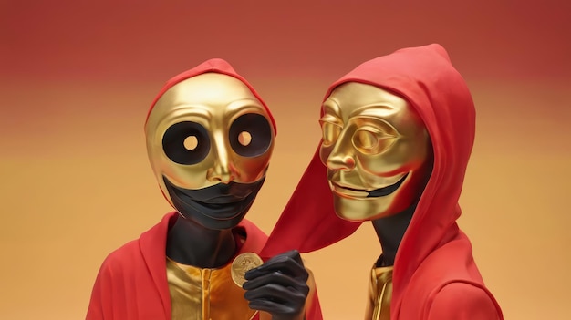 Foto twee mensen met gouden en zwarte maskers