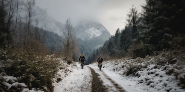 Twee mensen op de fiets op een besneeuwde weg