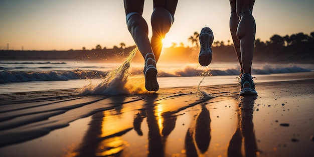 Twee mensen rennen op het strand bij zonsondergang