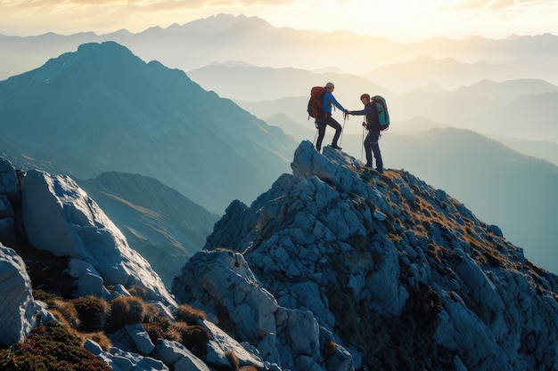 Twee mensen staan op de top van een besneeuwde berg, hand in hand. Scène van een wandelaar die zijn vrienden moed geeft tijdens een zware bergwandeling.